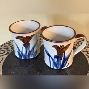 Two Vintage Stoneware Floral Coffee Mugs  blue and brown